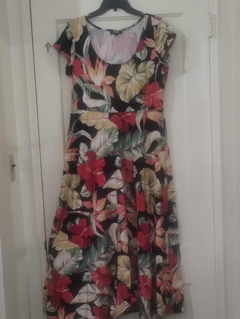 Chaps Floral Scoop Neck Midi Dress in Black with Red and Green Accents